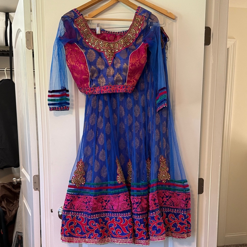 Vibrant Blue and Pink Embroidered Dress